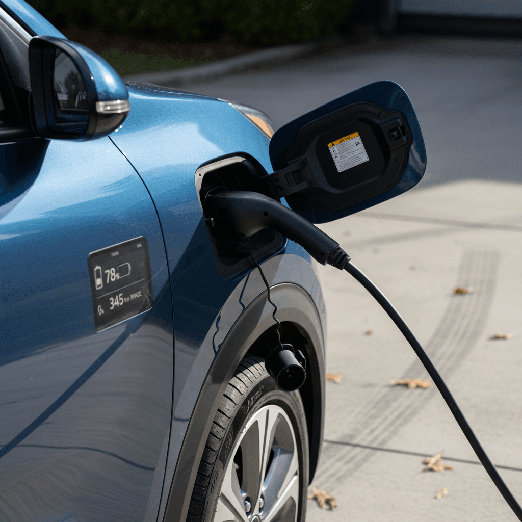 Kia Niro EV charging with status screen visible, parked in a clean driveway