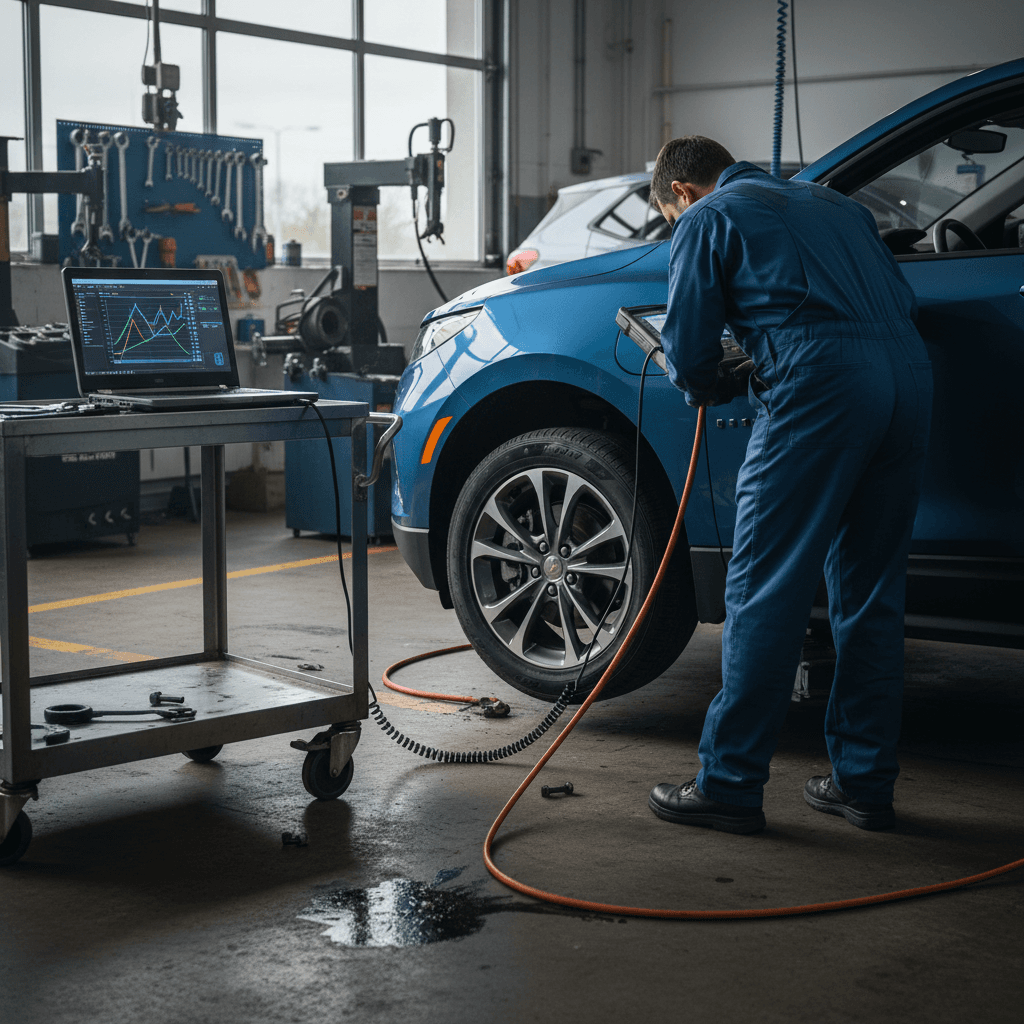 Service technician inspecting a 2025 Chevrolet Equinox EV front wheel and underbody in a dealership service bay