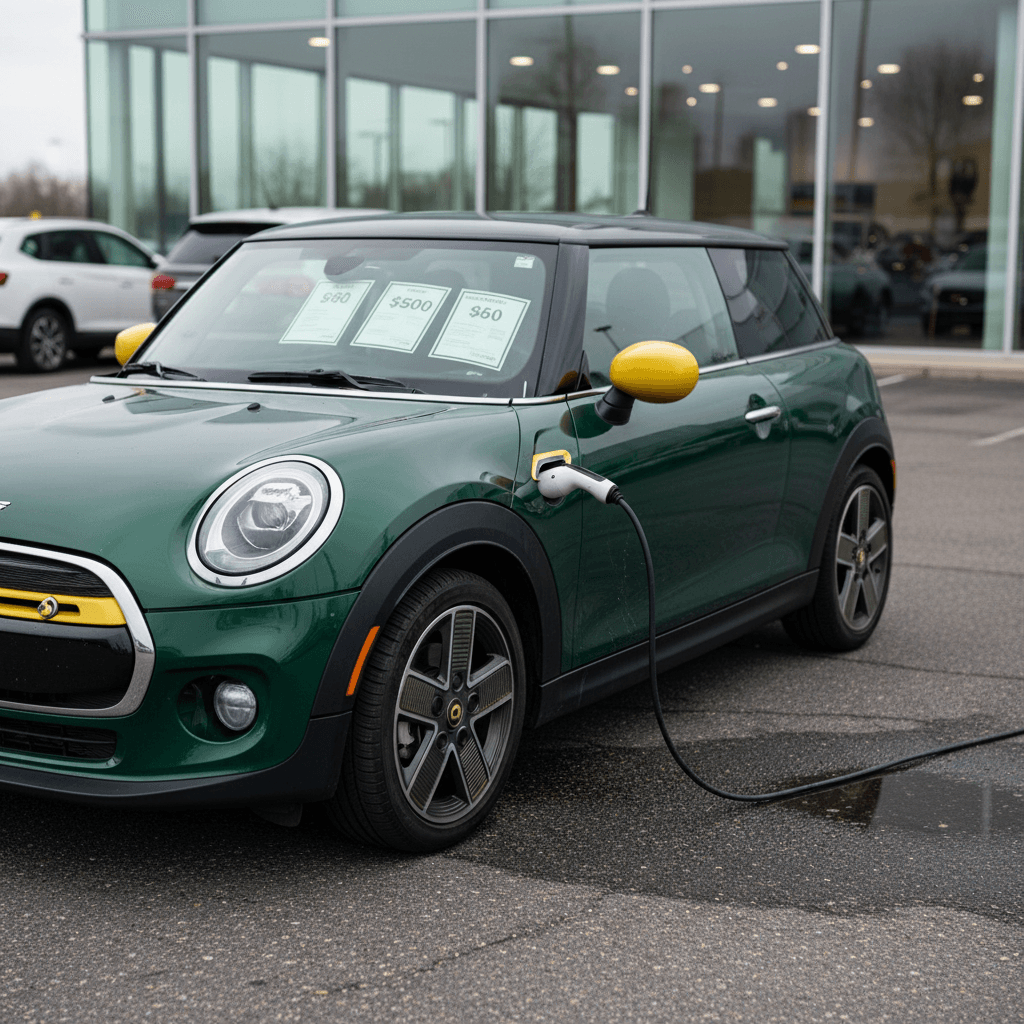 Used Mini Cooper SE electric on dealer lot plugged into a charger with price stickers on the windshield