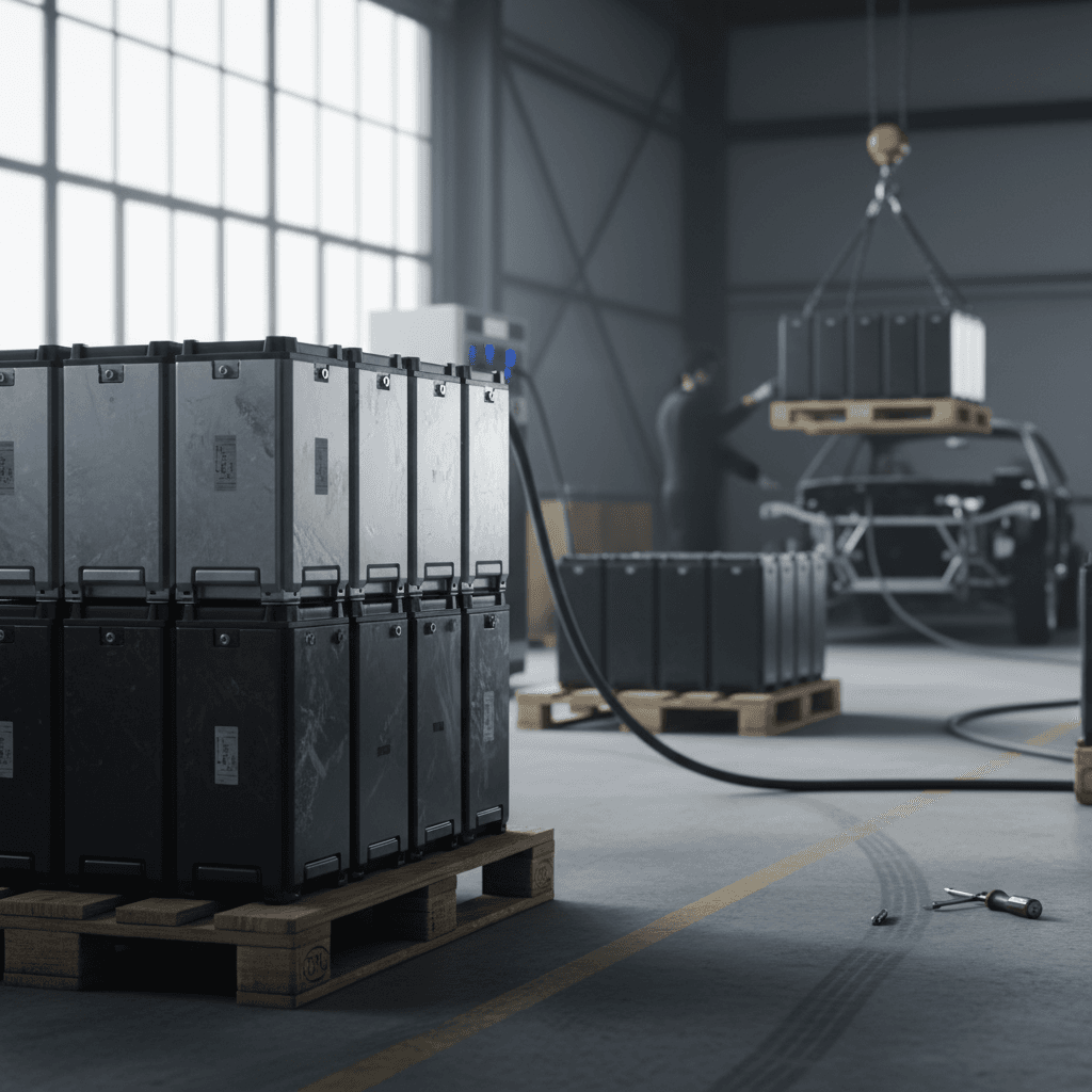 Stack of used car batteries at a recycling or refurbishment facility