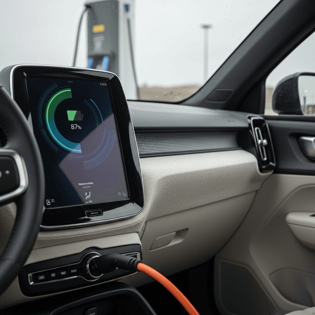 Interior of a 2024 Volvo EX30 showing the large central touchscreen and minimalist layout while parked at a charging station