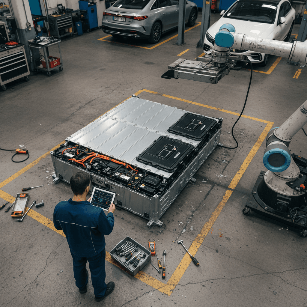 Technician in a service bay inspecting the high-voltage battery of a Mercedes EQS from above