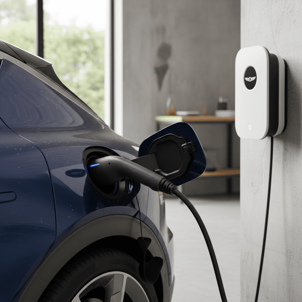 Genesis GV60 plugged into a home Level 2 wallbox, highlighting the charging connector near the front fender