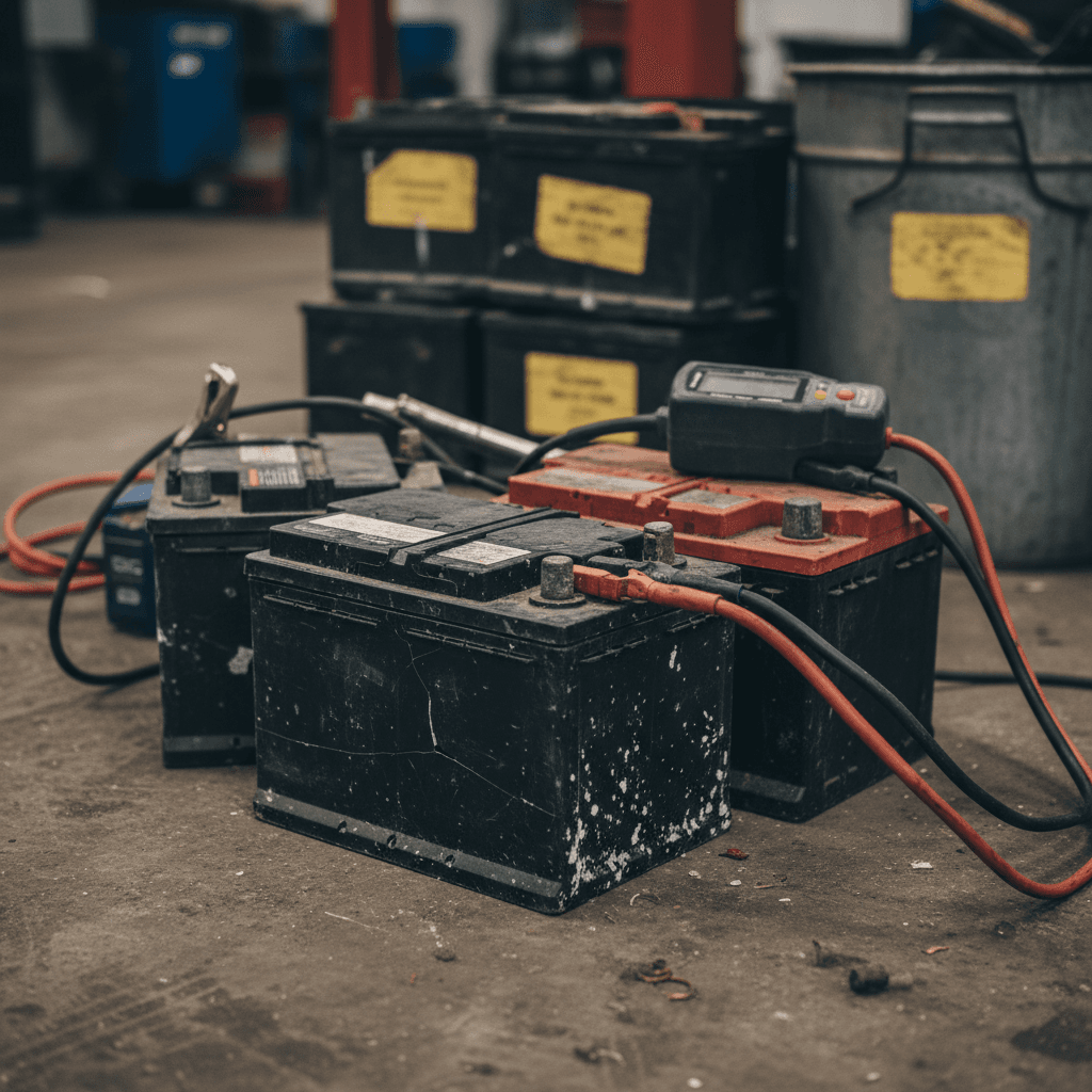 Battery display shelf at an auto parts store with various car batteries