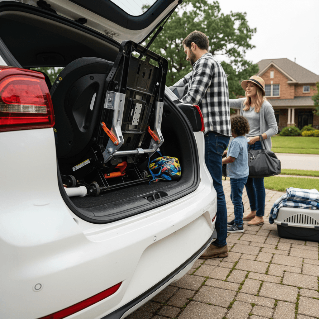 Kia Niro EV parked in a driveway with a family loading cargo, emphasizing its role as a safe daily electric crossover