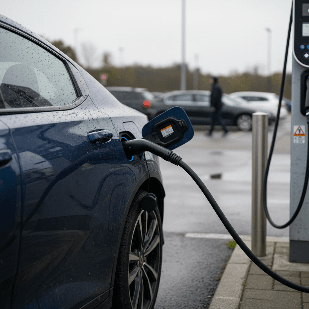 Used 2023 Polestar 2 plugged in at a public DC fast charger in an urban area