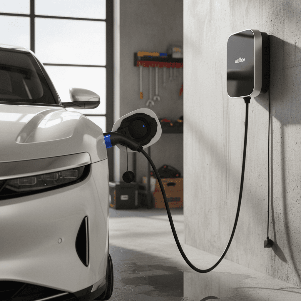 Lucid Air charging at a home wallbox in a residential driveway