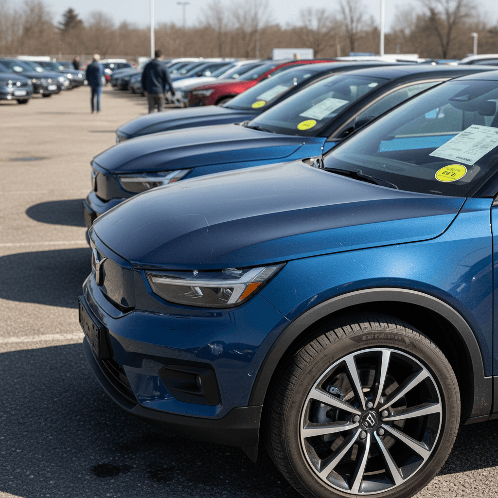 Line of used Volvo EX30 SUVs on a dealer lot with price stickers visible in the windows