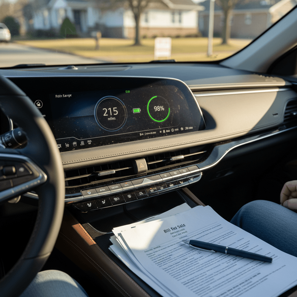 Owner reviewing paperwork and battery health report before selling a 2025 Cadillac Lyriq EV