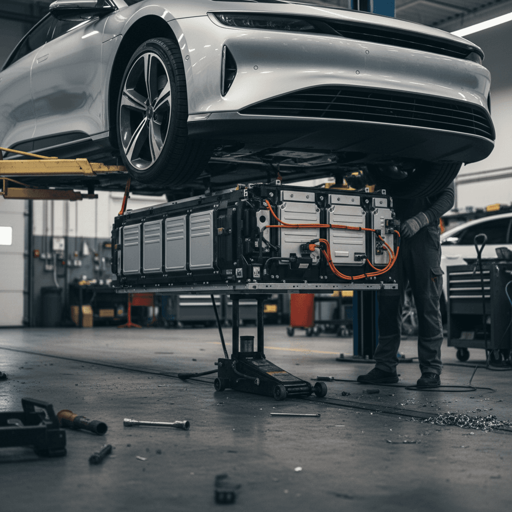 Technician lowering a Lucid Air battery pack from the vehicle on a workshop lift