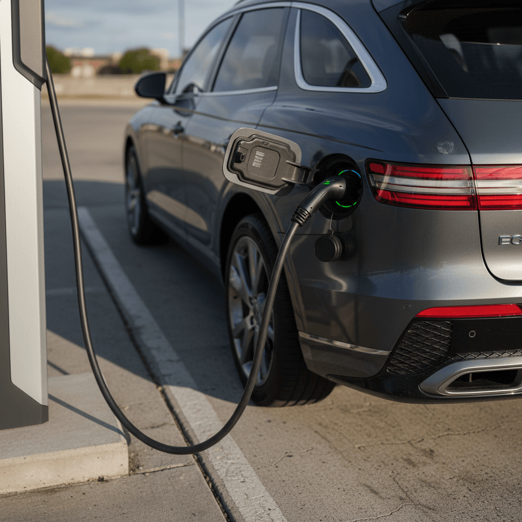 Genesis Electrified GV70 connected to a public fast charger, highlighting its status as a luxury electric SUV