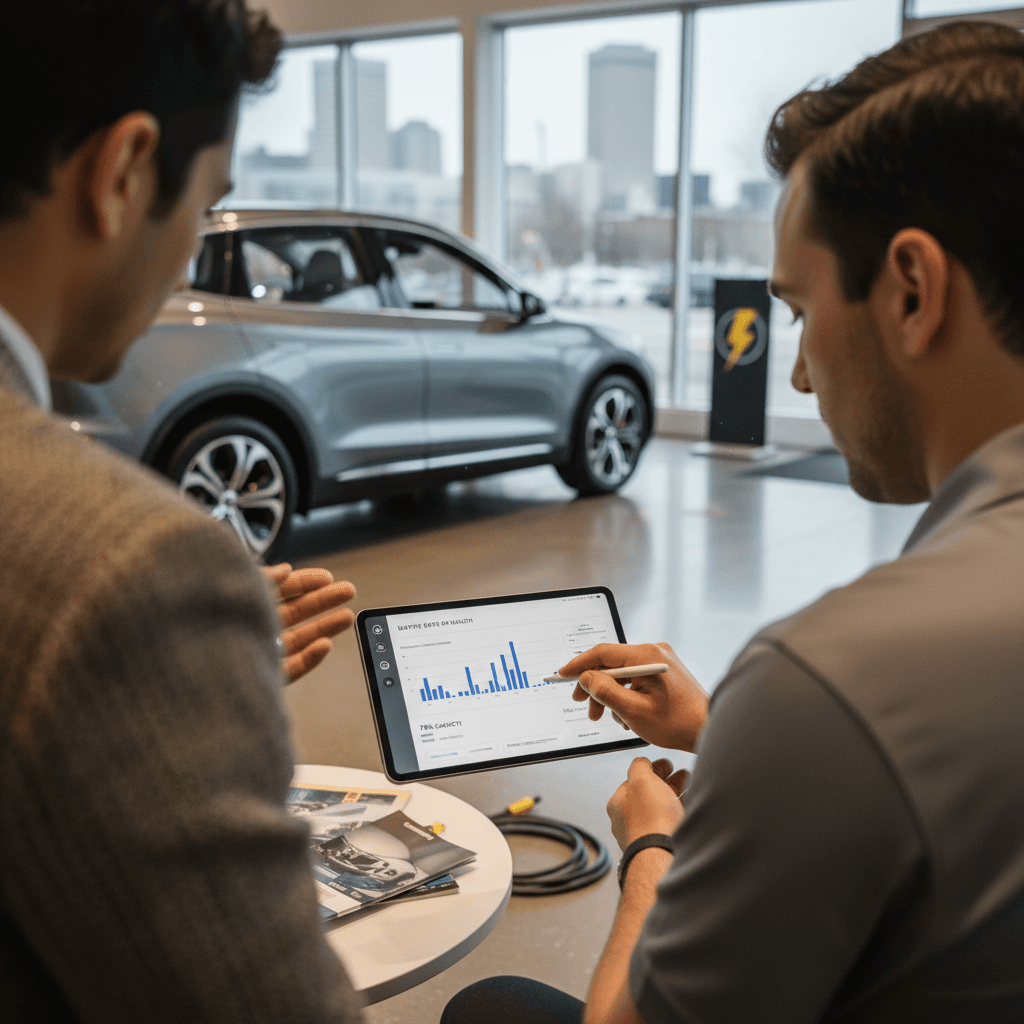 EV specialist and Boston car shopper reviewing a used electric vehicle battery health and pricing report together