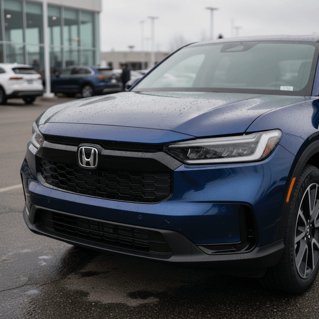 White Honda Prologue parked at a dealership with other EVs in the background