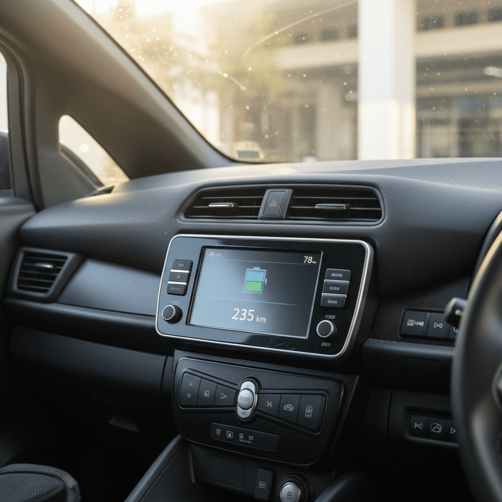 Close-up of a Nissan Leaf digital instrument cluster showing battery state of charge and remaining range estimate