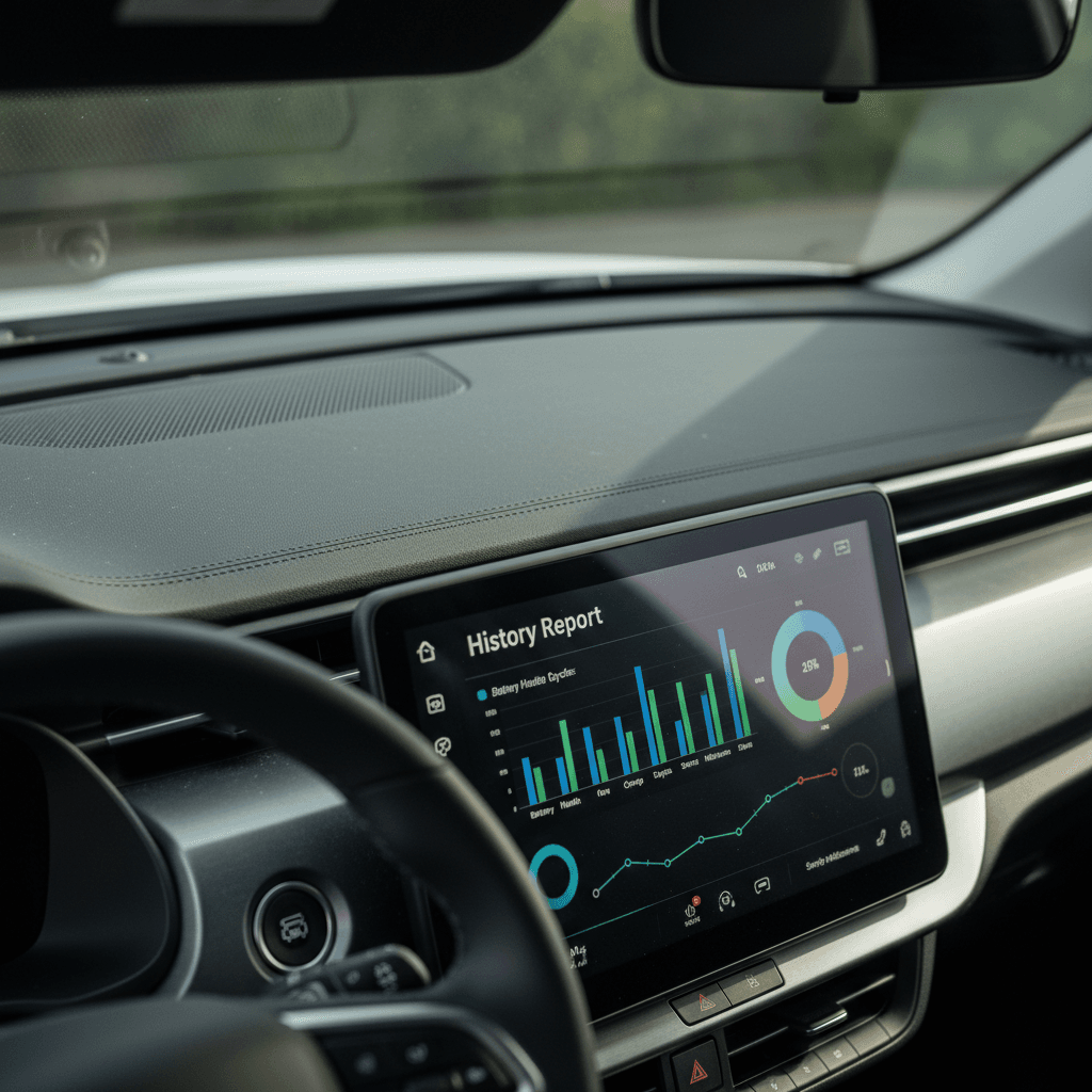 Driver reviewing EV VIN plate and digital history report on a tablet next to the car