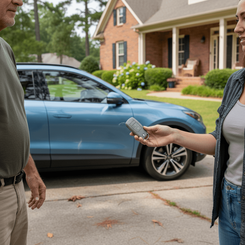 North Carolina EV owner handing keys of a used electric car to a buyer outside a suburban home