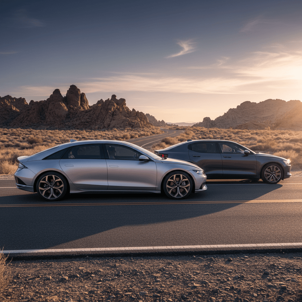 Side profile of a Hyundai Ioniq 6 and Polestar 2 driving together on an open road