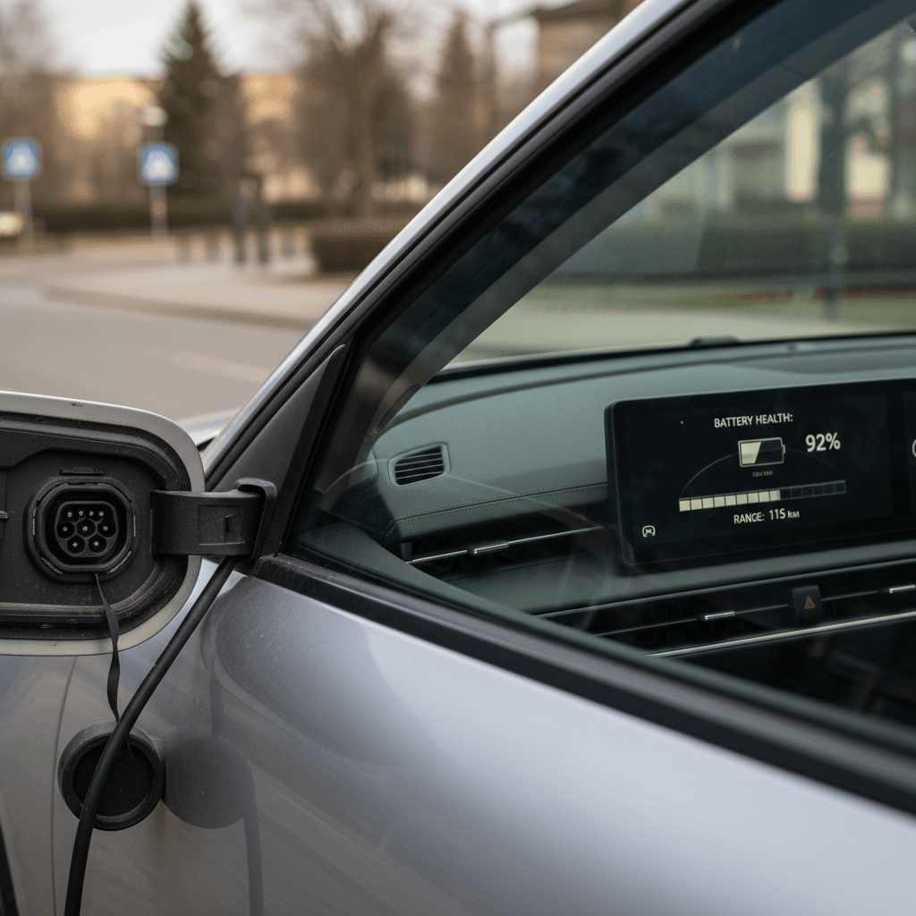 Hyundai Ioniq 6 charging with the infotainment screen showing battery status and range estimate