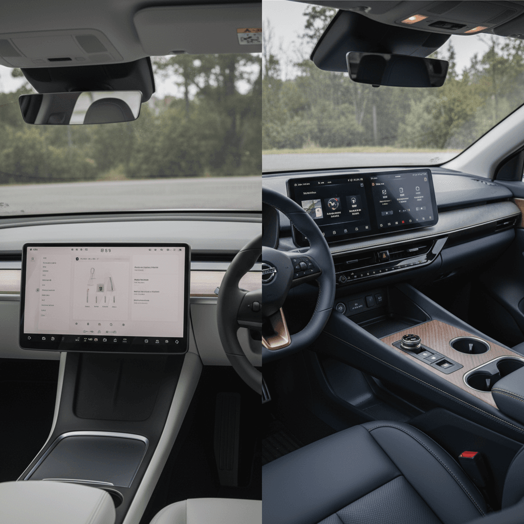 Interior comparison of a Tesla Model Y and Toyota bZ4X cockpits with different touchscreen layouts