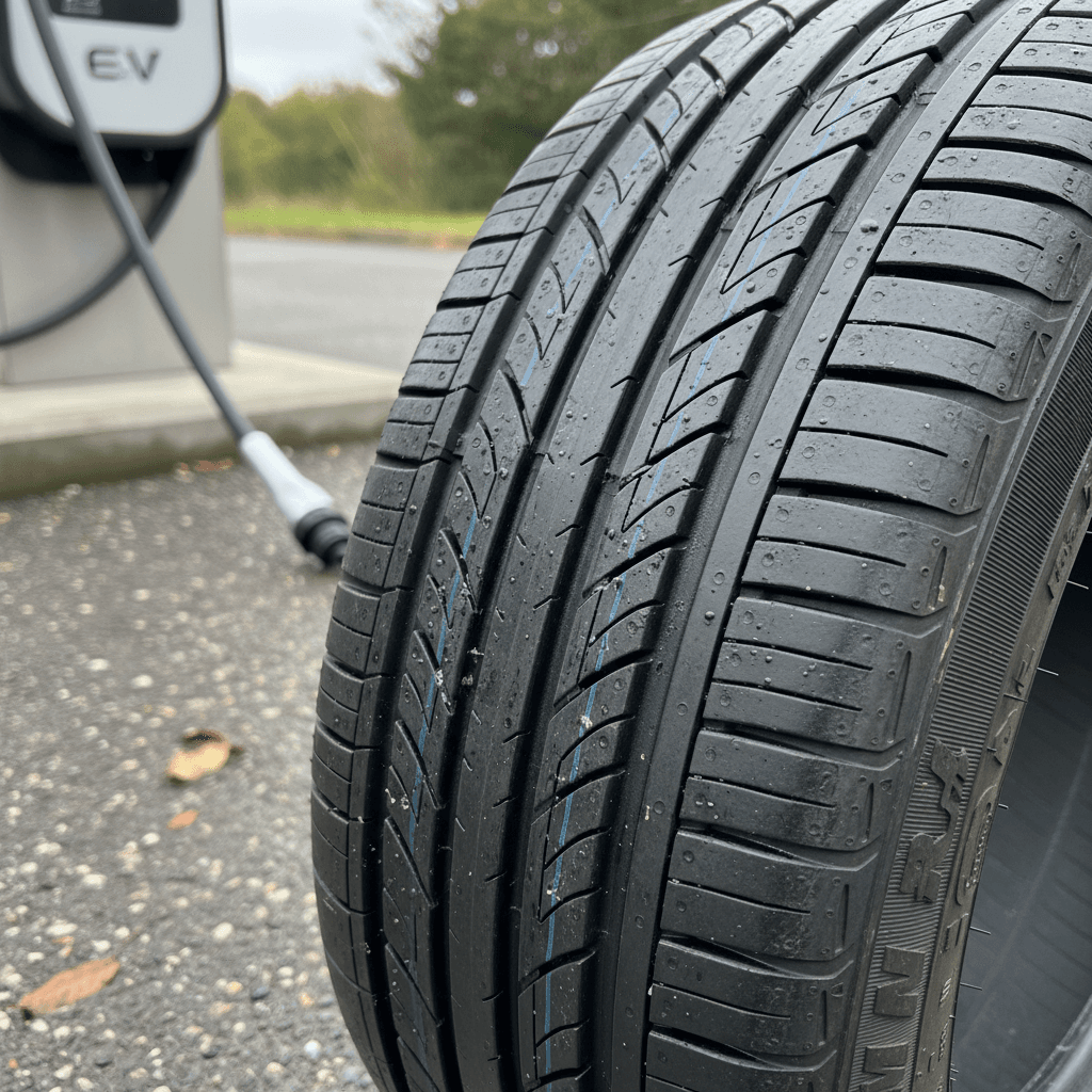 Closeup of a performance tire on an electric vehicle, showing tread pattern and sidewall
