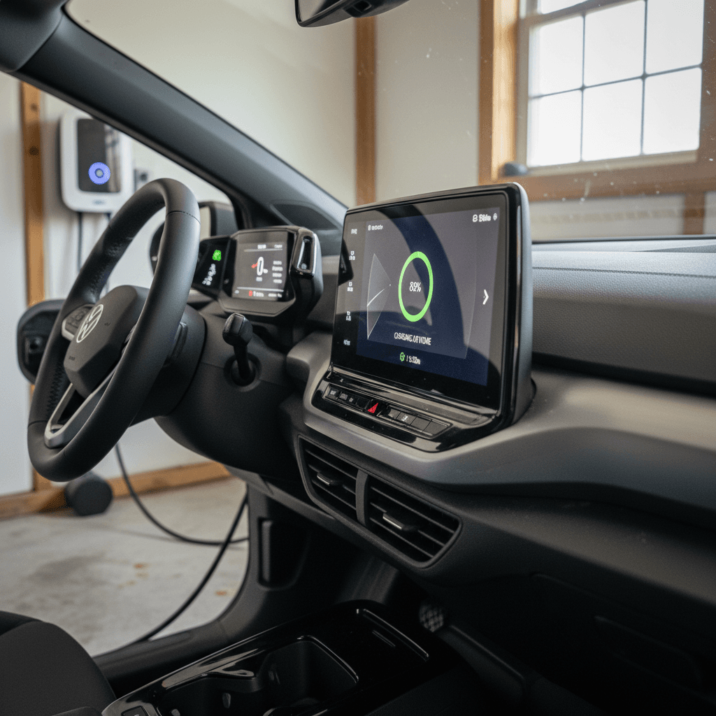 2022 Volkswagen ID.4 interior showing digital cockpit and large central touchscreen while the vehicle is charging
