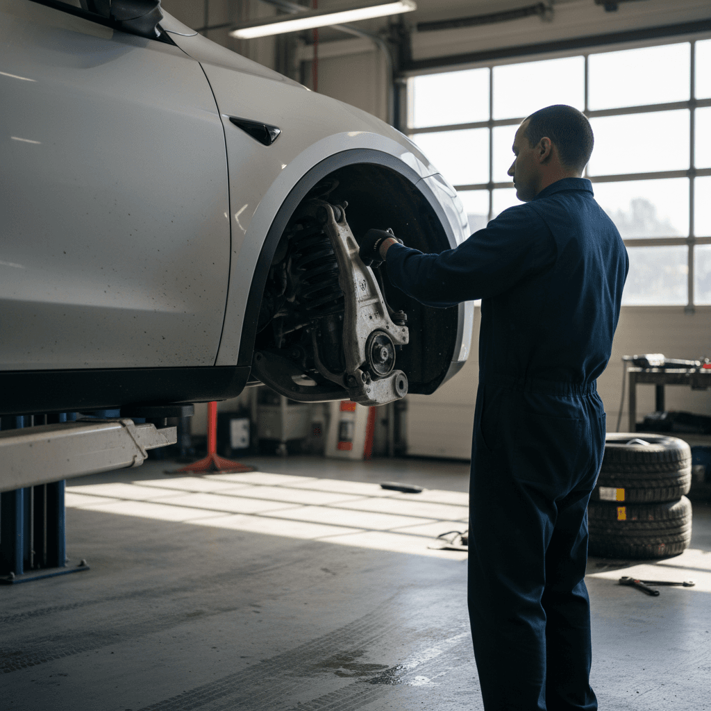 Technician inspecting front suspension components of a Tesla Model Y on a lift