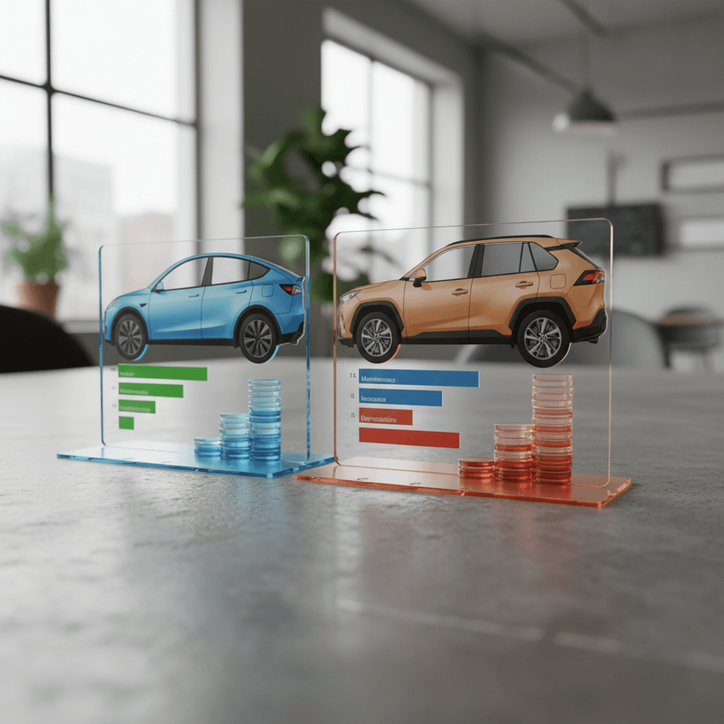 Side-by-side infographic comparing five-year ownership costs of a Tesla Model Y and Toyota RAV4 for a typical U.S. driver