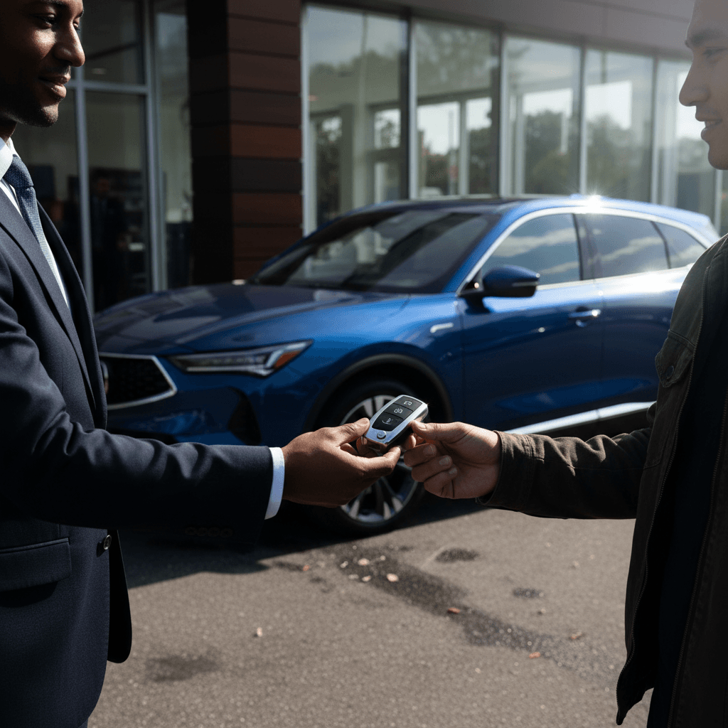 Seller and buyer reviewing a battery health report for a used Acura ZDX on a tablet