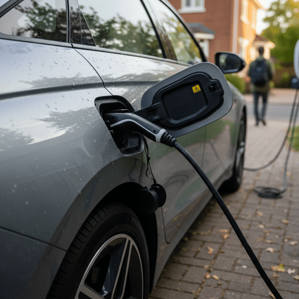 2023 Hyundai Ioniq 6 plugged into a home charger in a clean driveway, prepared for sale