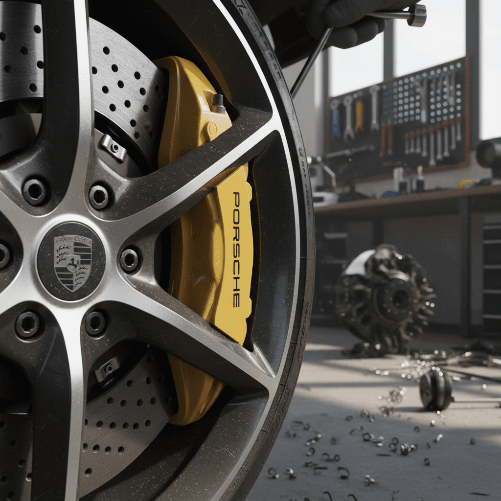 Mechanic inspecting Porsche Taycan front brake caliper and rotor on a lift