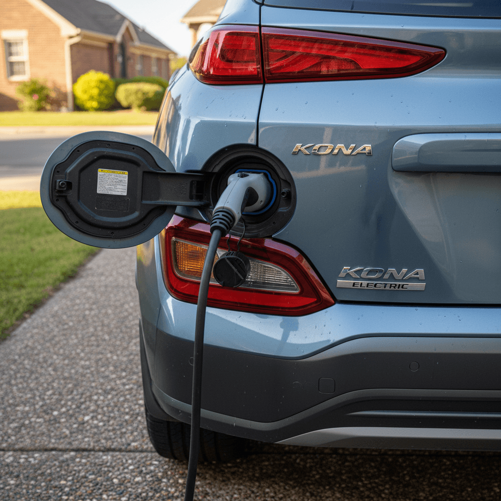Hyundai Kona Electric rear badge and charging port clean and ready for sale