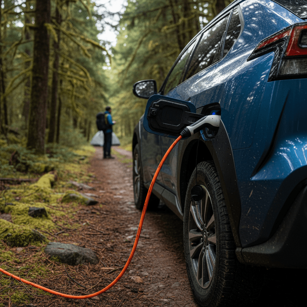 Subaru-sized electric SUV charging at a fast charging station at night
