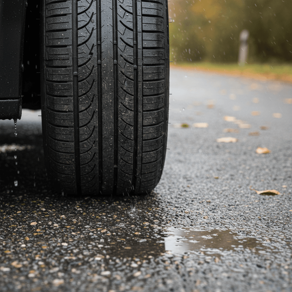 Closeup of a low rolling resistance car tire on asphalt, emphasizing tread design