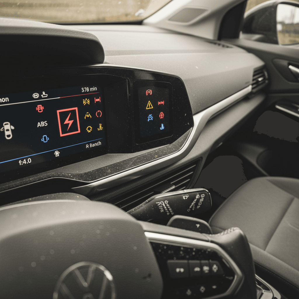 Volkswagen ID.4 interior with digital display showing multiple warning lights and driver-assistance icons