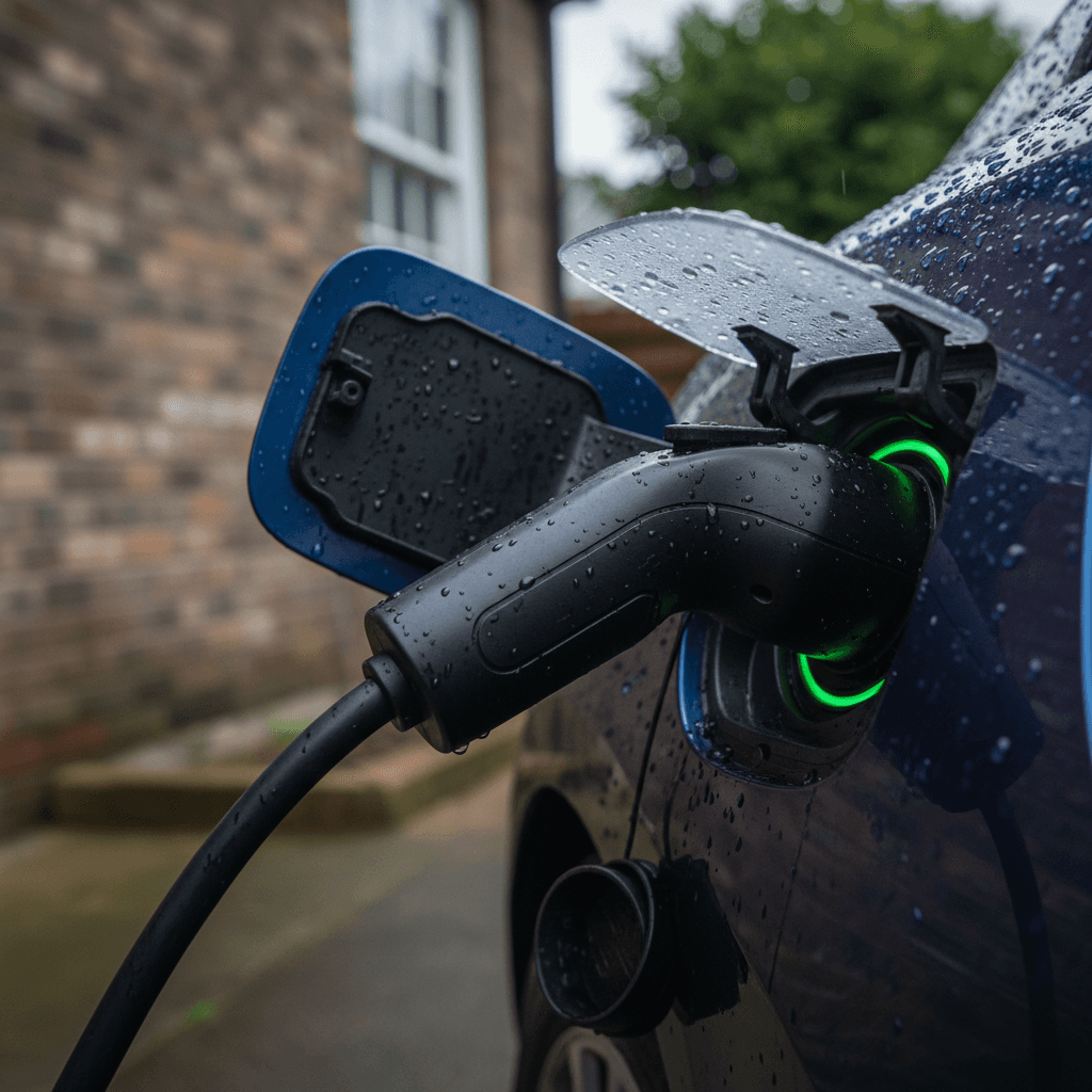 Close-up of an electric vehicle charging connector plugged into a car’s charging port