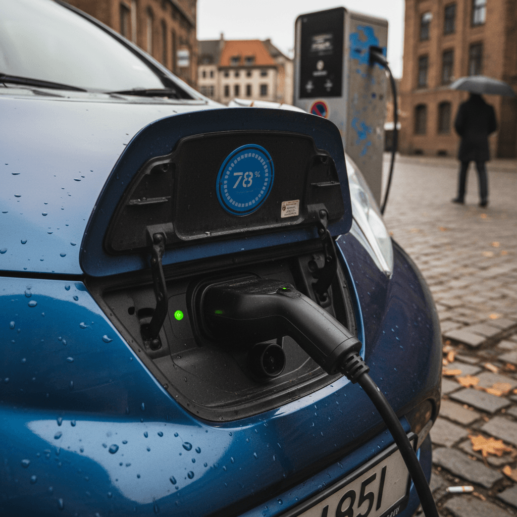 Row of late‑model used electric cars parked at a dealership, ready for sale