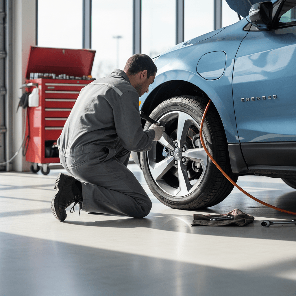 Technician checking the tires and brakes of a Chevrolet Equinox EV during a routine service visit