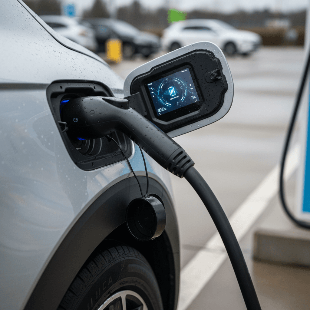 Hyundai Ioniq 5 plugged into a DC fast charger, displaying charging information on the station screen