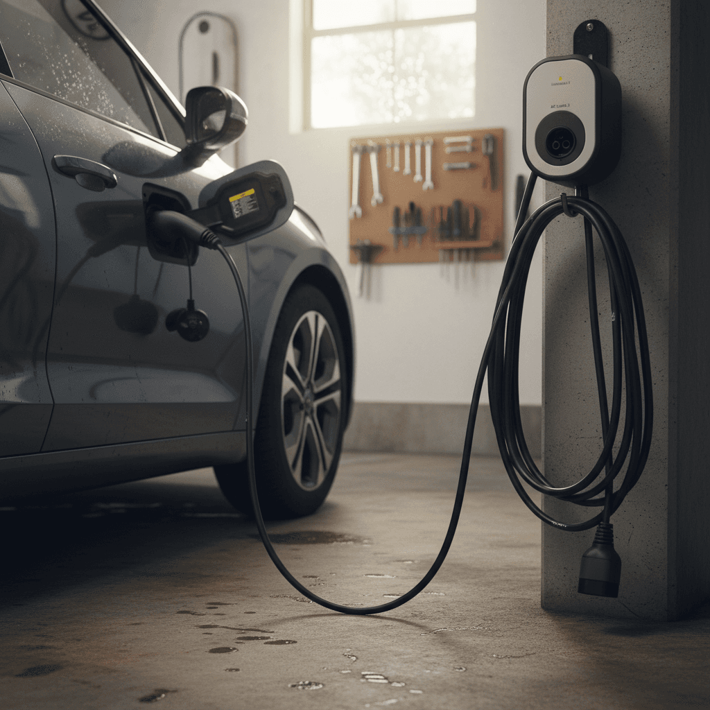Closeup of a Level 2 wall‑mounted EV charger connected to a car