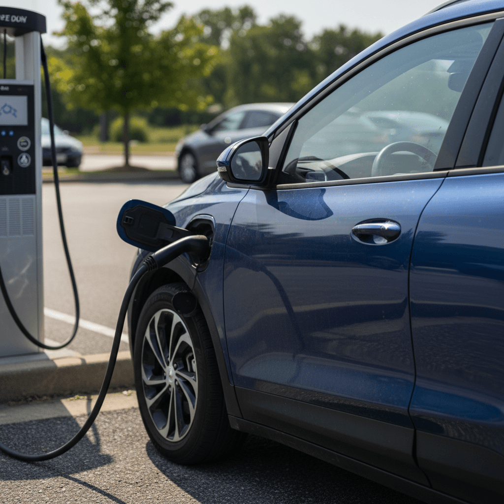 Used electric crossover SUV plugged into a DC fast charger in a public parking lot