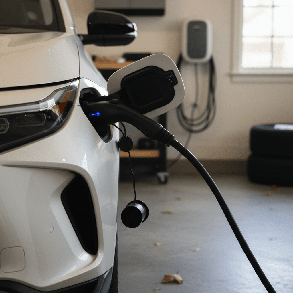 Toyota bZ4X plugged into a Level 2 home charger in a residential garage
