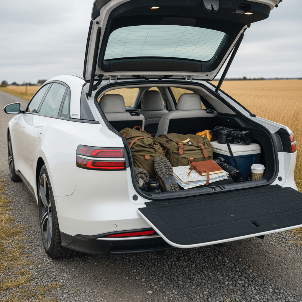 Lucid Air rear trunk with split-folding rear seats laid flat and luggage loaded for a road trip