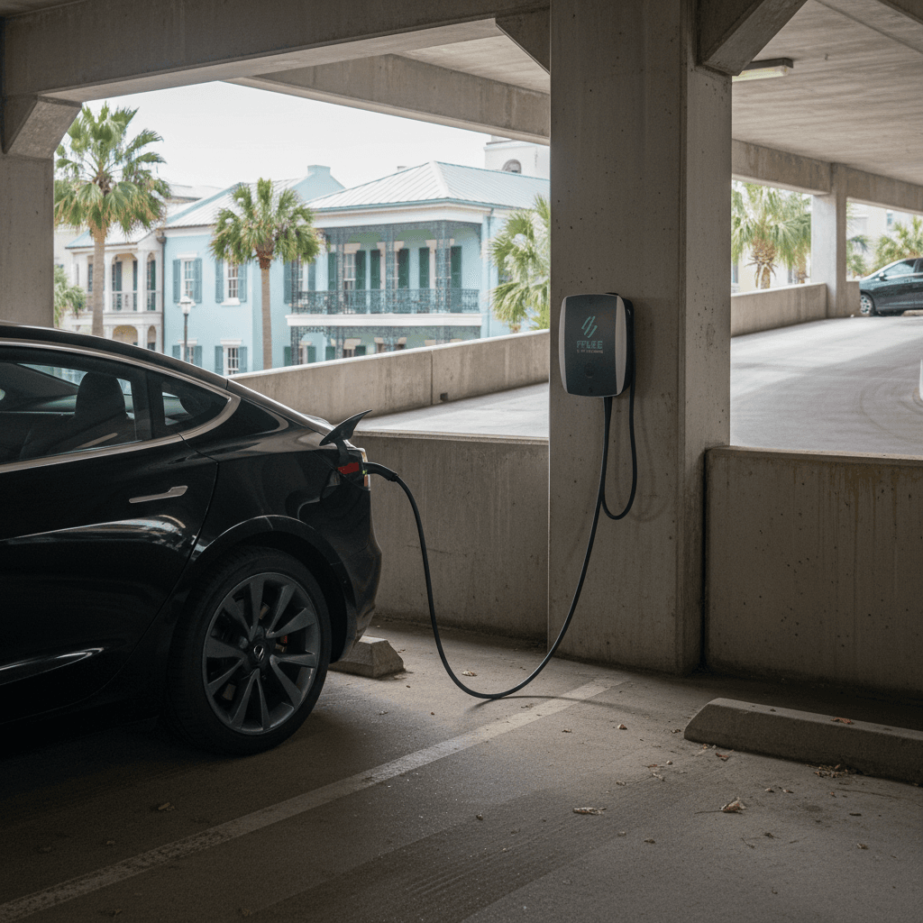 Several electric vehicles plugged into Level 2 chargers in a downtown Charleston parking garage