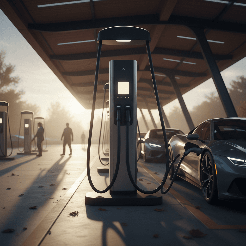 Charging experience imagery illustrating a road-ready electric vehicle during a DC fast charging session