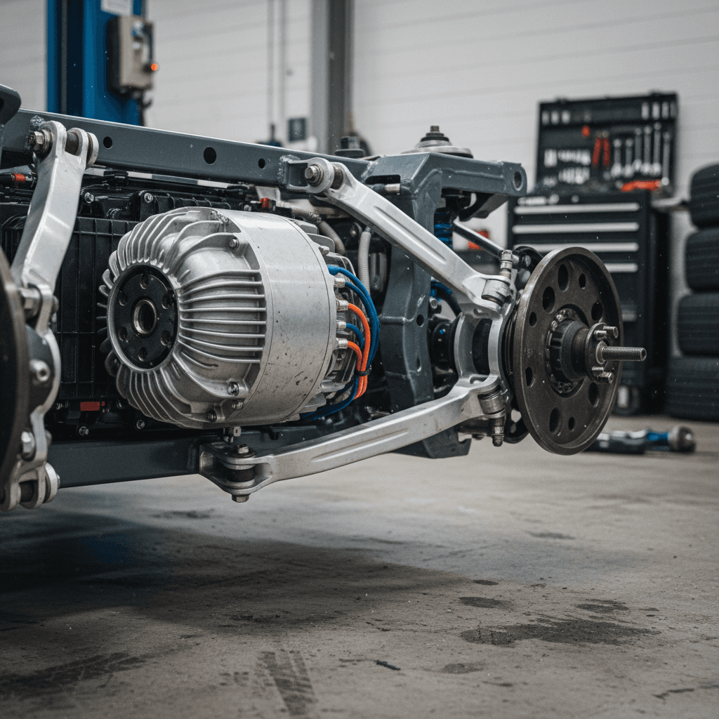 Diagram-style view of an electric car chassis showing dual motors on front and rear axles