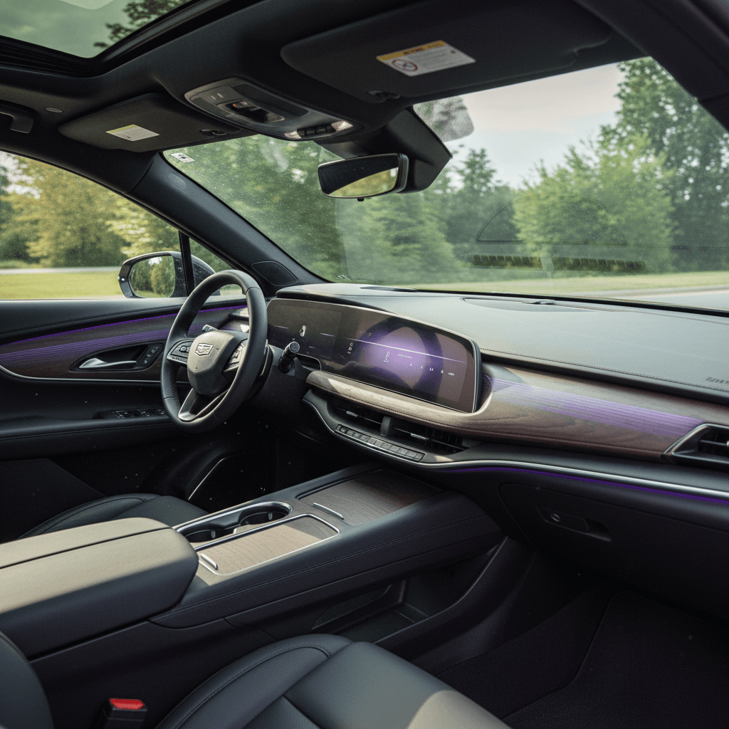 Interior of a 2023 Cadillac Lyriq showing its 33-inch curved display, steering wheel, and front seats