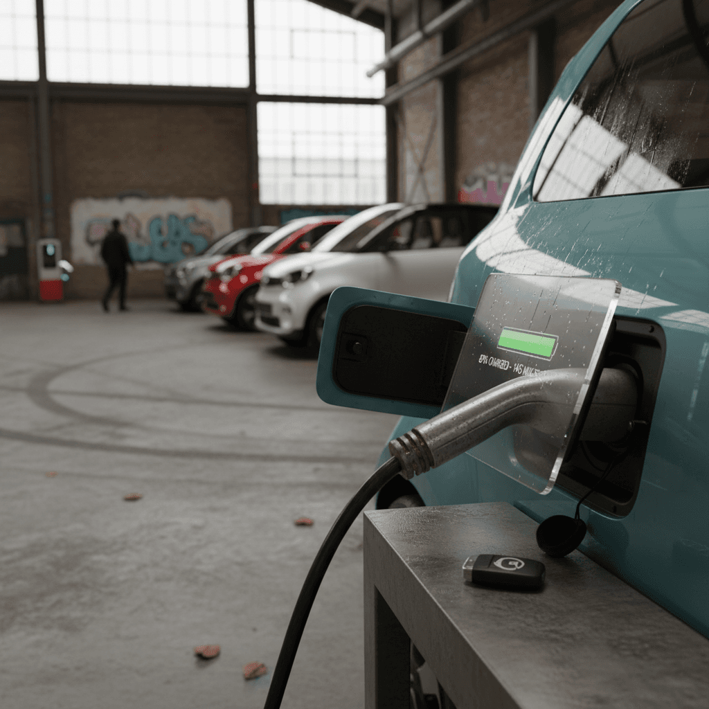 Compact electric car parked at an urban curb in a tight city street