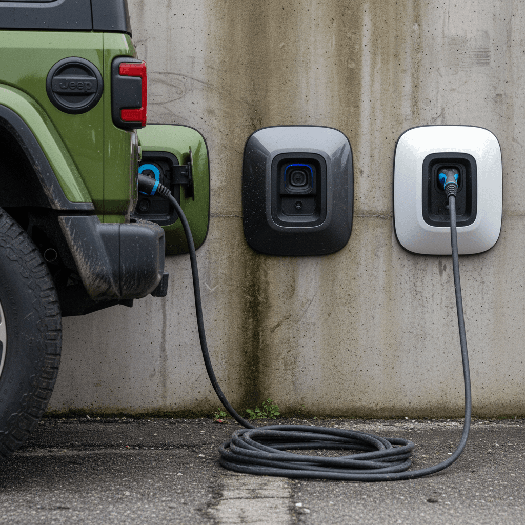 Front three‑quarter view of a Jeep Wagoneer S electric SUV parked by a charging station
