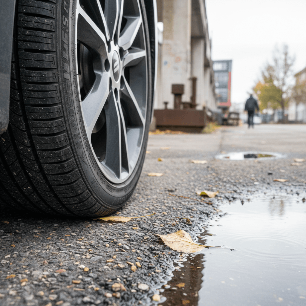 Closeup of electric vehicle tire tread showing wide grooves and stiff blocks