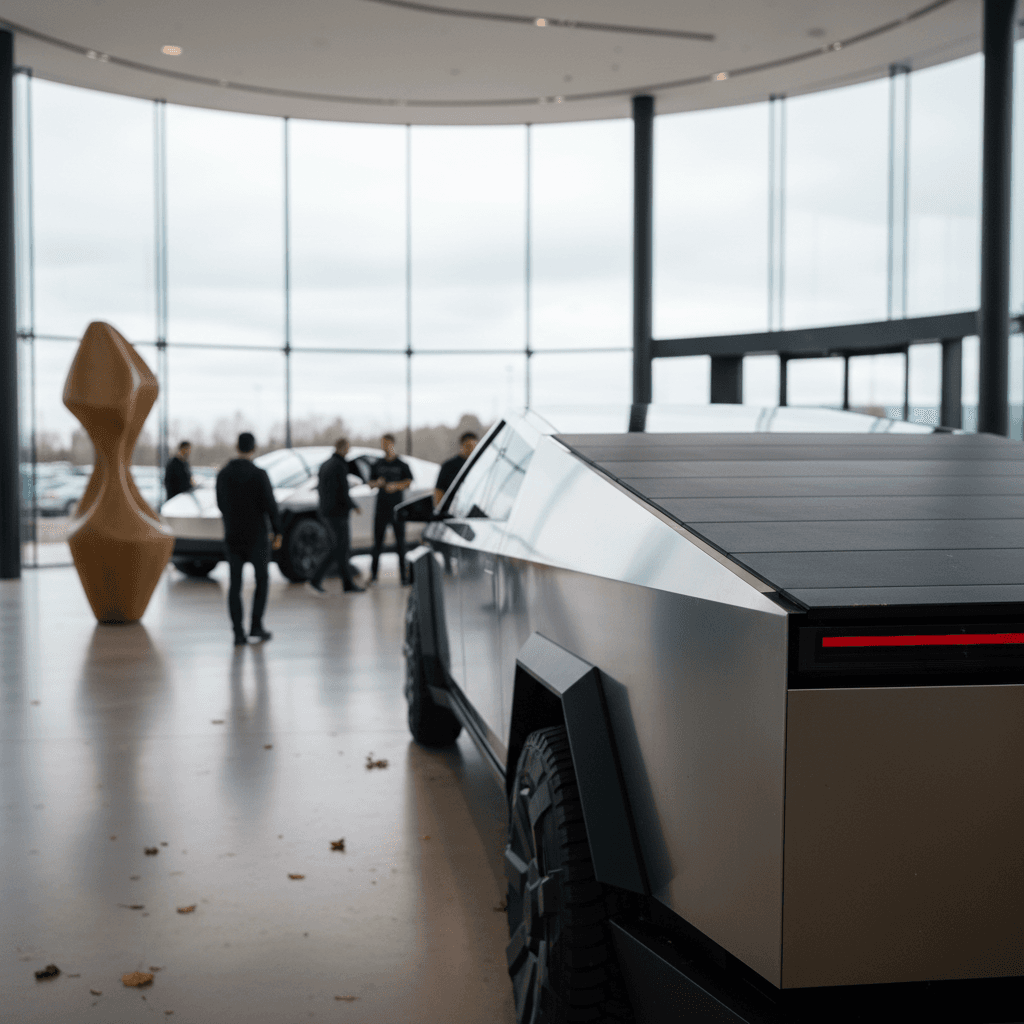 Modern Tesla showroom interior with electric vehicles on display and visitors walking around